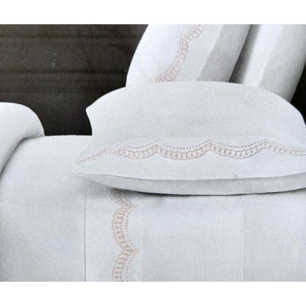 Rachel Ashwell Embroidered Scallop KING Sheet Set Pink Peach White 100% Cotton